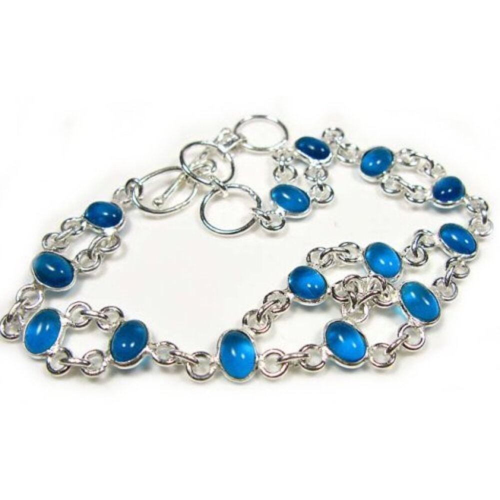 Silver & Blue Quartz Oval Stones Link Bracelet - NEW